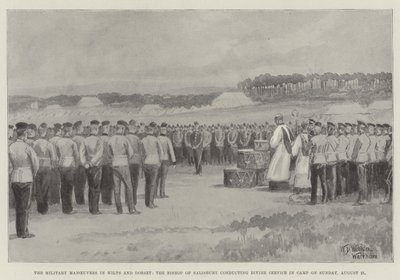 Die Militärmanöver in Wilts und Dorset, der Bischof von Salisbury hält den Gottesdienst im Lager am Sonntag, 21. August von William Barnes Wollen