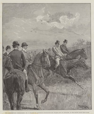 Das parlamentarische Hindernisrennen, Mr. F. Mildmay auf Discretion überholt Mr. Walter Long auf Crusader, am zweiten Hindernis von Zuhause von William Barnes Wollen