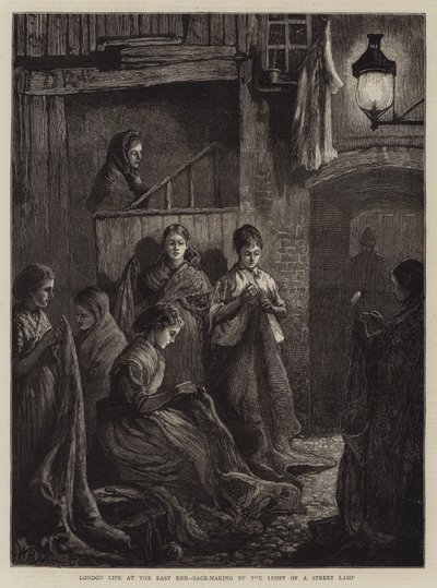 Londoner Leben im East End, Sackherstellung im Licht einer Straßenlaterne von William Bazett Murray
