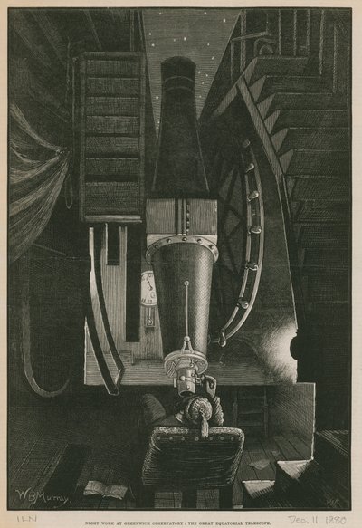 Nachtarbeit im Greenwich-Observatorium; Das große Äquatorialteleskop (Stich) von William Bazett Murray