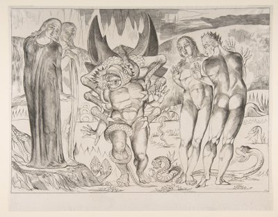 Kreis der Diebe: Agnello Brunelleschi von einer sechsfingrigen Schlange angegriffen, aus Dan..., ca. 1825-27 von William Blake