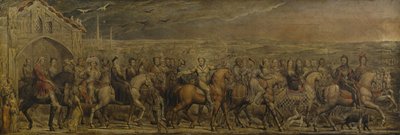Sir Jeffrey Chaucer (ca. 1342-1400) und die neunundzwanzig Pilger auf ihrer Reise nach Canterbury von William Blake