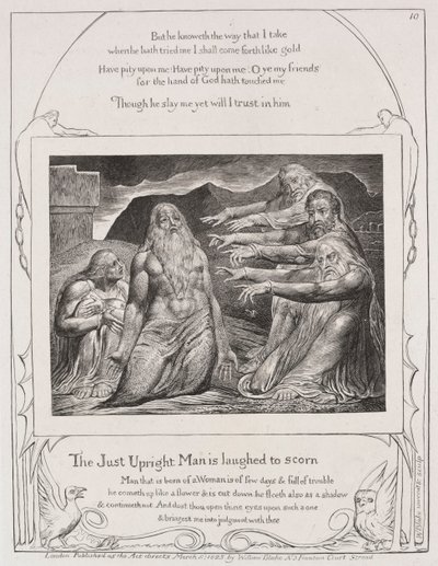 Das Buch Hiob: Pl. 10, Der gerechte aufrechte Mann wird verspottet von William Blake
