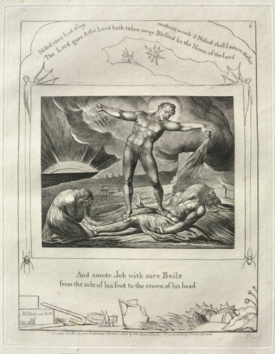 Das Buch Hiob: Pl. 6, Und schlug Hiob mit bösen Geschwüren von der Fußsohle bis zum Scheitel von William Blake