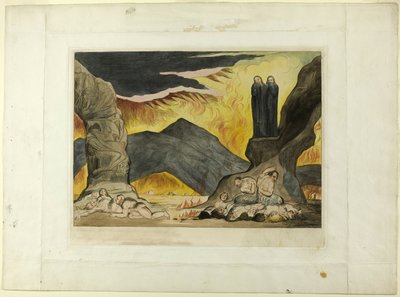 Der Kreis der Fälscher: Dante und Virgil bedecken ihre Nasen wegen des Gestanks. Inferno, Gesang XXIX von William Blake