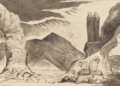 Der Kreis der Fälscher: Dante und Virgil halten sich die Nase wegen des Gestanks zu, 1827 von William Blake