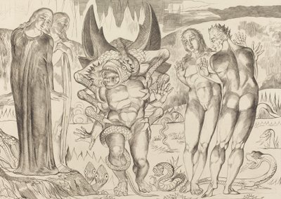 Der Kreis der Diebe, Agnolo Brunelleschi von einer sechsfingrigen Schlange angegriffen, 1827 von William Blake