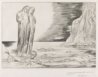 Der Kreis der Verräter, Dantes Fuß tritt Bocca degli Abbate, 1827 von William Blake