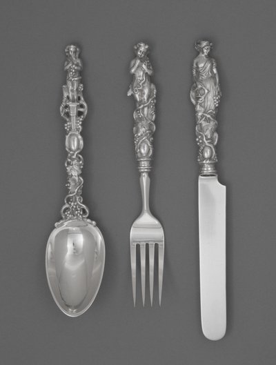 Set aus Kinderbesteck (Messer, Gabel und Löffel), ca. 1865-1874 von William Bogert