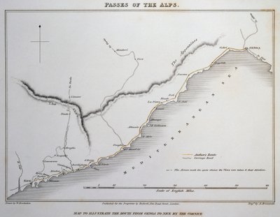 Karte der Pässe in den Seealpen, Küstenstraße zwischen Genua und Nizza, aus Illustrationen der Alpenpässe von William Brockedon