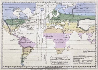 Isothermische Karte oder Ansicht der Klimazonen und Produktionen, Illustration aus Berichten von Alexander von Humboldt, 1823 von William C. Woodbridge