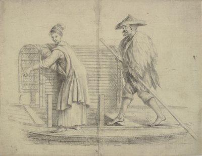 Chinesische Szene. Mann und Frau auf einem Flussboot von William Chambers
