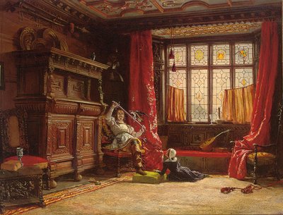 Ein Kavalier in einem dunklen Innenraum, ein Vogel auf seinem Schwert, 1843 von William Collingwood