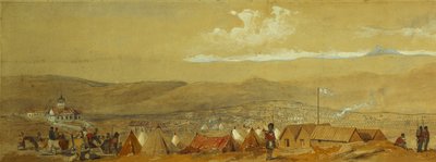 Die Krim: Panoramablick auf Sewastopol mit den Militärlagern und dem Hafen; und ein Panoramablick auf Inkerman mit einem Militärlager und Kavallerie bei Sonnenaufgang von William Crimea Simpson