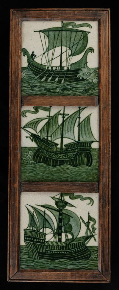 Fliesenpaneel von Schiffen in voller Fahrt, im Rahmen, ca. 1865-80 von William de Morgan