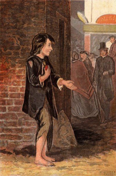 Ein Kind bettelt um Geld, um Brot zu kaufen (Chromolithografie) von William Dickes