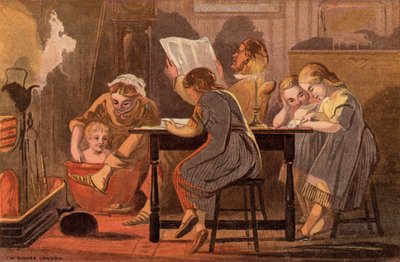 Samstagabend: eine Familie liest und unterhält sich am Abend von William Dickes