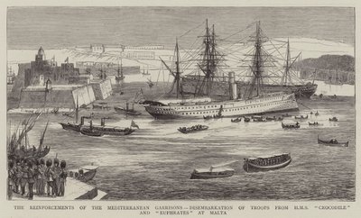Die Verstärkungen der Mittelmeergarnisonen, Ausschiffung der Truppen von HMS Crocodile und Euphrates in Malta von William Edward Atkins