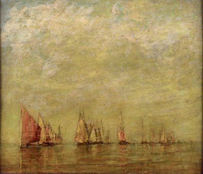 Venezianische Boote, die sich im ruhigen Meer spiegeln. Öl auf Holz von William Gedney Bunce