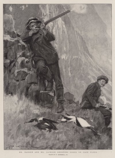 Dr. Nansen und Mr. Jackson schießen Lummen am Kap Flora von William Hatherell