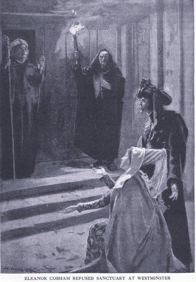 Eleanor Cobham verweigert Zuflucht in Westminster, aus Cassells Geschichte des britischen Volkes veröffentlicht von der Waverley Book Company Limited, ca. 1940 von William Hatherell