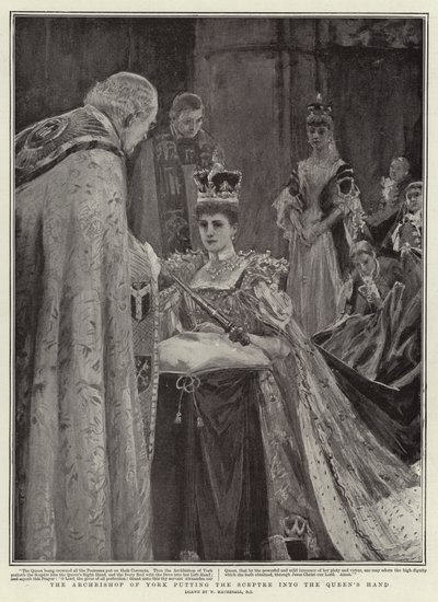 Der Erzbischof von York legt der Königin das Zepter in die Hand von William Hatherell