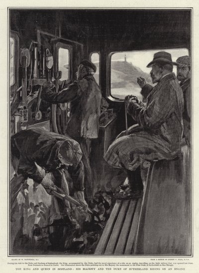 Der König und die Königin in Schottland, Seine Majestät und der Herzog von Sutherland auf einer Lokomotive von William Hatherell