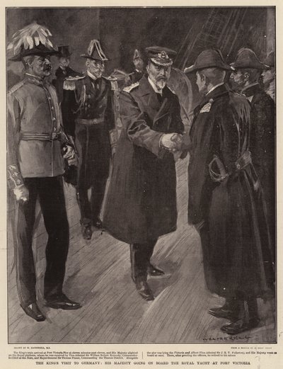 Der Besuch des Königs in Deutschland, Seine Majestät geht an Bord der königlichen Yacht in Port Victoria von William Hatherell