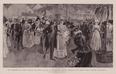 Die Prinzessin von Wales eröffnet den Press Bazaar zugunsten des Londoner Krankenhauses, die königliche Gesellschaft besucht die Stände von William Hatherell