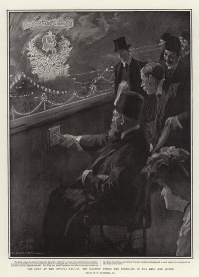 Der Schah im Kristallpalast, Seine Majestät schießt auf die Porträts des Königs und der Königin von William Hatherell
