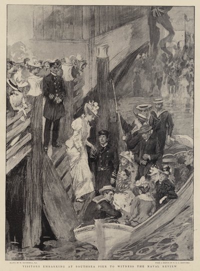 Besucher, die am Southsea Pier einschiffen, um die Marineparade zu beobachten von William Hatherell