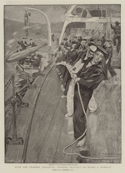 Mit dem Kanalgeschwader, Torpedoübungen an Bord eines Kanonenbootes von William Hatherell