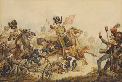 1. Life Guards greifen die französische Artillerie in der Schlacht von Waterloo 1815 an, 1820 von William Heath