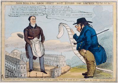 John Bull und der Architekt, der die Bögen baut, graviert von Thomas McLean (1788-1875) von William Heath