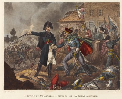 Treffen von Wellington und Blücher bei La Belle Alliance, Aquatinta von Joseph Constantine Stadler, 1818 von William Heath