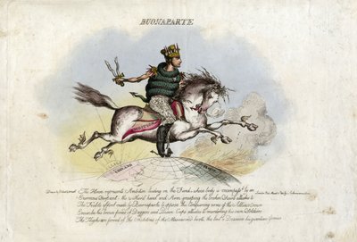 Napoleon galoppiert auf Ambition, einem Pferd mit Flügeln an den Füßen, über den Globus von William Heath