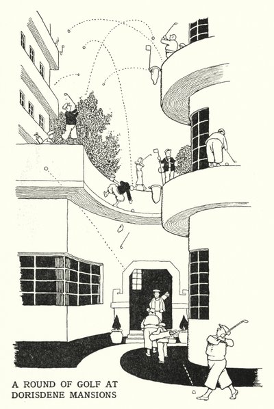 Eine Runde Golf in den Dorisdene Mansions von William Heath Robinson