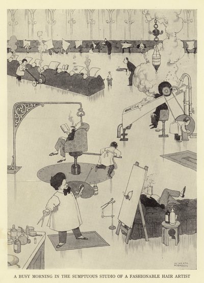 Ein geschäftiger Morgen im prächtigen Studio eines modischen Haarstylisten von William Heath Robinson