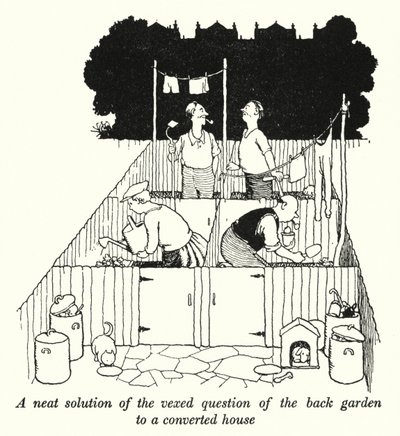 Eine elegante Lösung der schwierigen Frage des Hintergartens eines umgebauten Hauses von William Heath Robinson