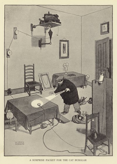 Ein Überraschungspaket für den Katzen-Einbrecher von William Heath Robinson