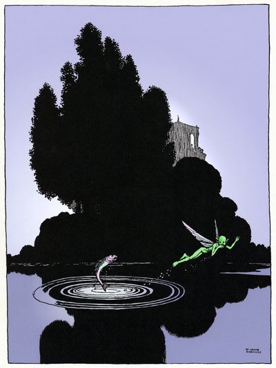 Ein Elf dargestellt auf der Einführungsseite von Akt IV von William Shakespeares "Ein Sommernachtstraum" (1595), Zeichnung von W. Heat Robinson, Ausgabe 1914, Constable. von William Heath Robinson