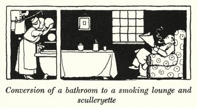 Umwandlung eines Badezimmers in eine Rauchlounge und eine kleine Küche von William Heath Robinson