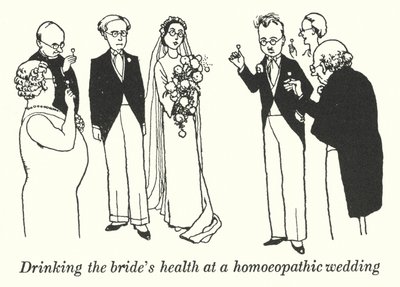 Auf das Wohl der Braut trinken bei einer homöopathischen Hochzeit (Lithografie) von William Heath Robinson