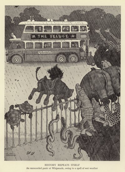Die Geschichte wiederholt sich, eine unaufgezeichnete Panik in Whipsnade, aufgrund einer Regenperiode von William Heath Robinson