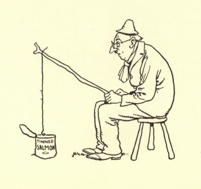 Mann angelt nach Dosenlachs von William Heath Robinson