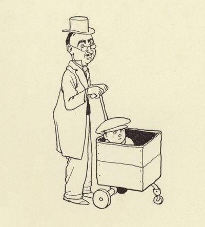 Mann schiebt Jungen in einer Kiste von William Heath Robinson
