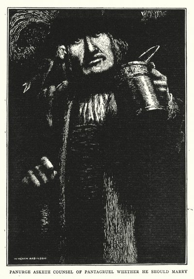 Panurge fragt Pantagruel um Rat, ob er heiraten soll von William Heath Robinson