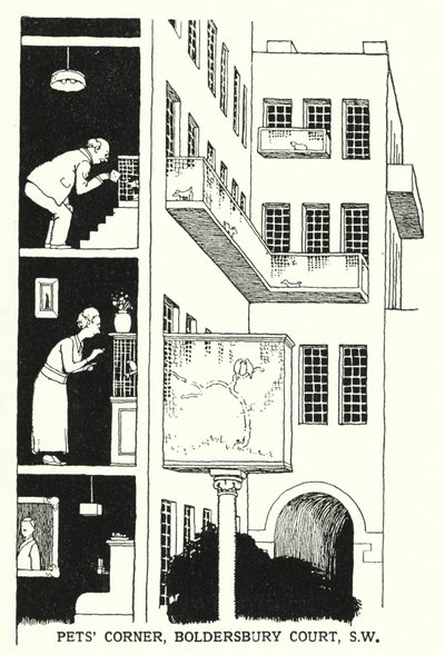 Haustierecke, Boldersbury Court, SW von William Heath Robinson