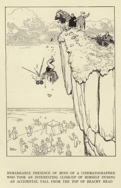 Bemerkenswerte Geistesgegenwart eines Kameramanns, der während eines versehentlichen Sturzes von der Spitze von Beachy Head eine interessante Nahaufnahme von sich selbst machte von William Heath Robinson