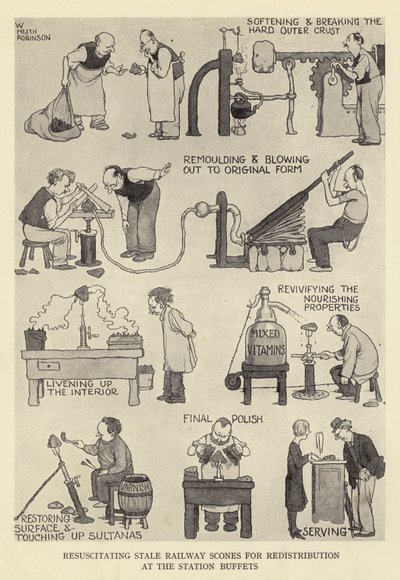 Wiederbelebung abgestandener Eisenbahnscones zur Umverteilung in den Bahnhofsbuffets von William Heath Robinson